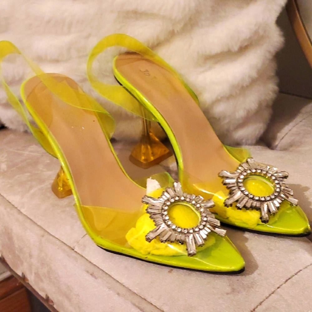 Neon Yellow Embellished Slingback Heels